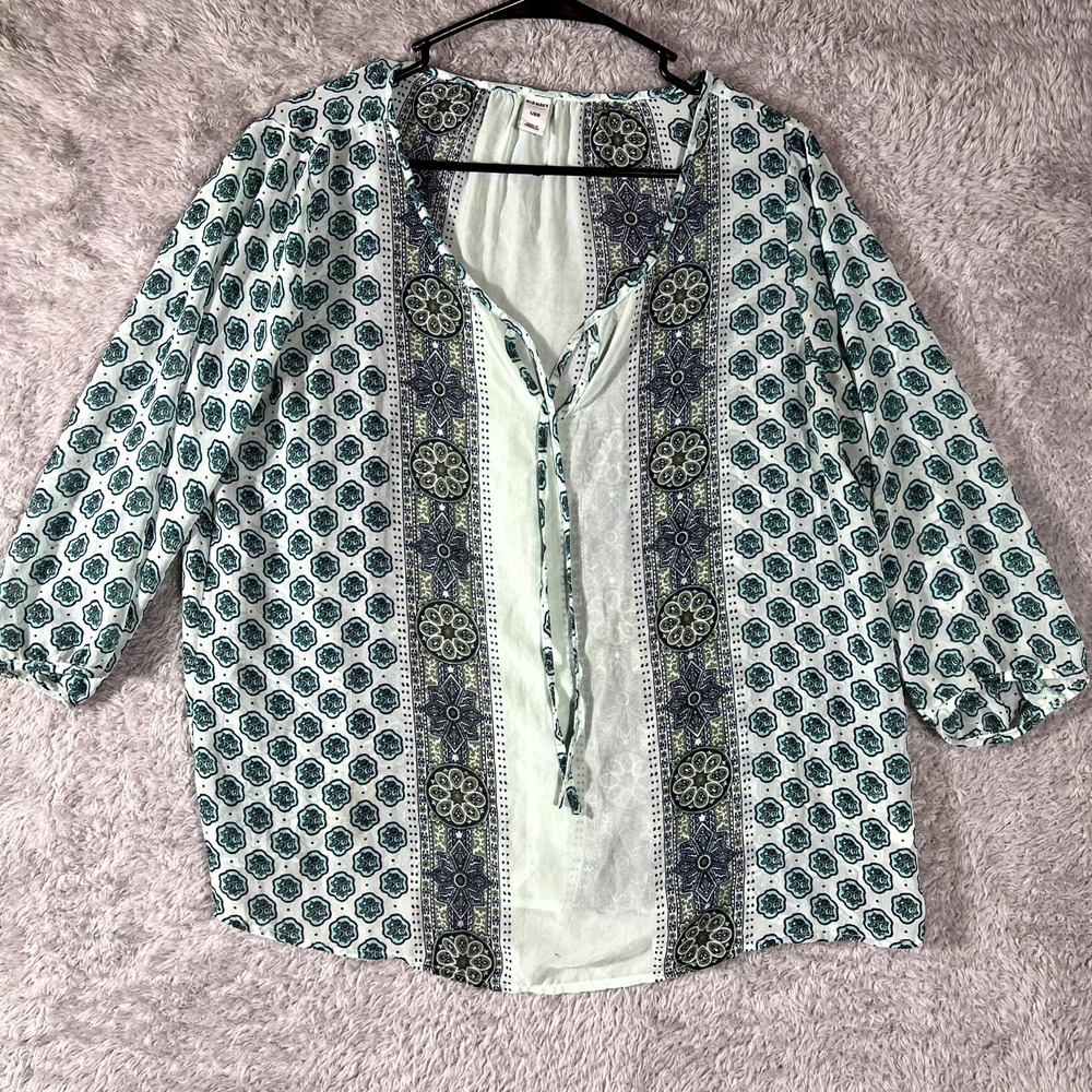 Old Navy Blouse Top Womens Large Multicolor Floral Tie Neck Long Sleeve Party